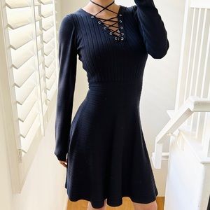 Navy Ribbed Lace Up Sweater Dress Goth Alt